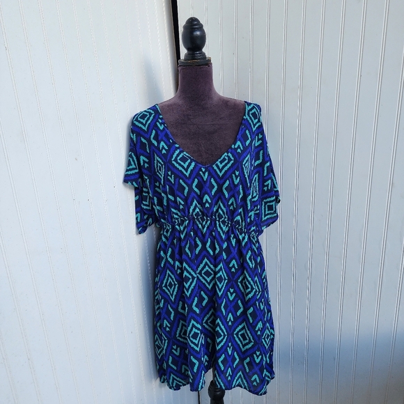 Merona Blue Green Geometric Print Swim Dress Cover-Up Elastic Waist Sheer XL - Picture 1 of 12